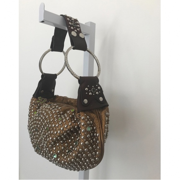 G SERIES BRONZE LEATHER CRYSTAL EMBELLISHED STUD CLUTCH BAG - Picture 10 of 16